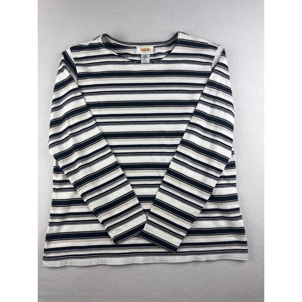 Talbots Womens Large Black White Tan Striped Ribbed 100% Cotton Long Sleeve Top